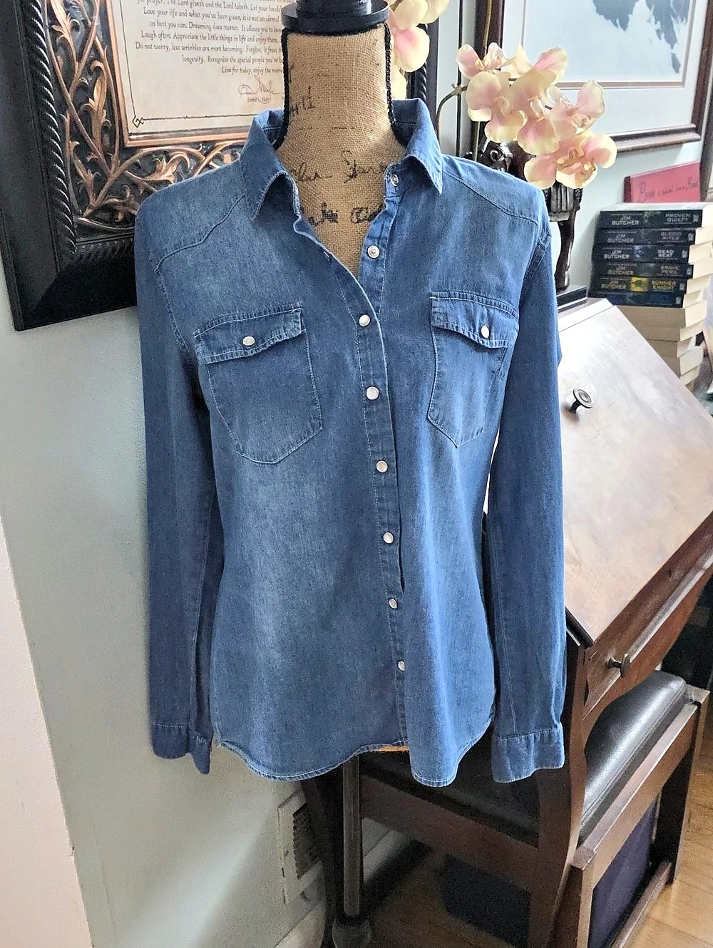 Denim Lace Back Button Down Shirt